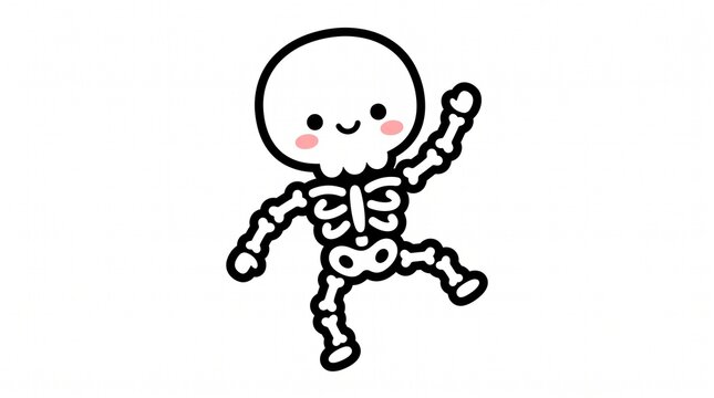 Cute dancing skeleton cartoon character with a friendly smiling face and blushing pink cheeks illustrated in simple vector style on white background