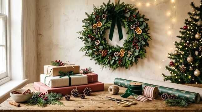 Christmas wreath and wrapped gifts on a wooden table with a decorated tree in the background