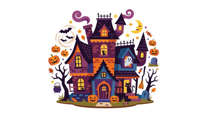 Naklejka premium Spooky Haunted Mansion with Halloween Pumpkins Ghosts and Bats Flat Vector Illustration