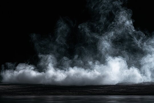 Ethereal white mist drifts across a textured dark surface with reflections