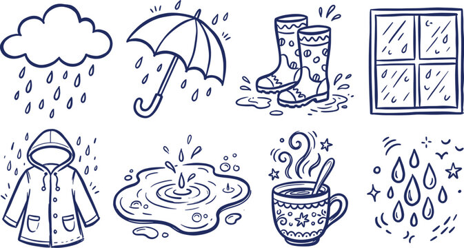 Hand drawn rainy day doodles vector set featuring umbrella boots and hot drink isolated