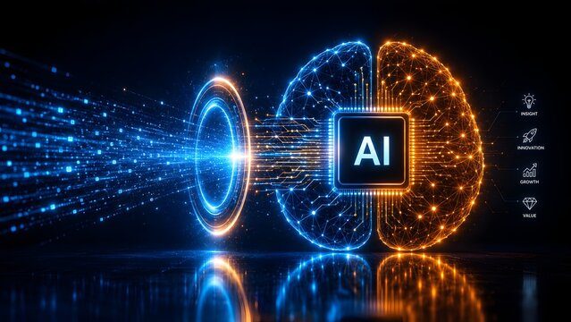 Artificial intelligence data processing concept showing a digital brain transforming raw data streams into business insight and innovation value.