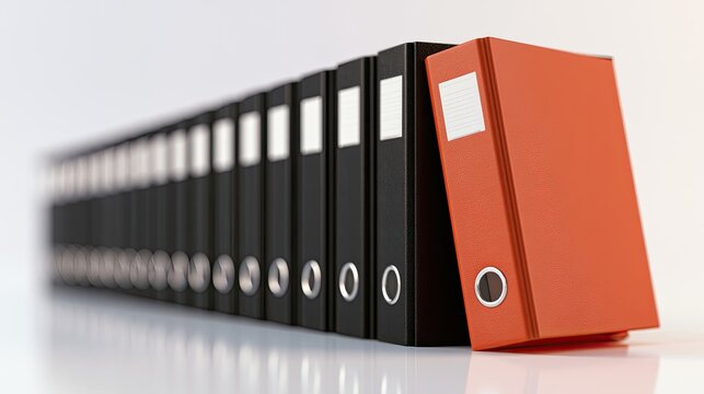Row of black binders with one distinctive orange binder