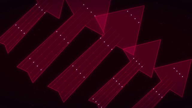 Abstract red arrows pointing upward in a repeating digital pattern on a black background