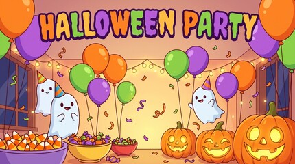 Fototapeta premium Halloween Party Cute Ghosts Balloons Pumpkins Candy Cartoon Illustration