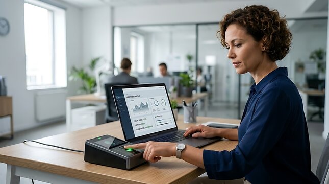 Businesswoman using biometric scanner and laptop at office desk with coworkers nearby