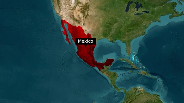 Mexico location highlighted on a detailed digital satellite map view with animated geography motion footage showing international borders for educational presentations and broadcast news design projec