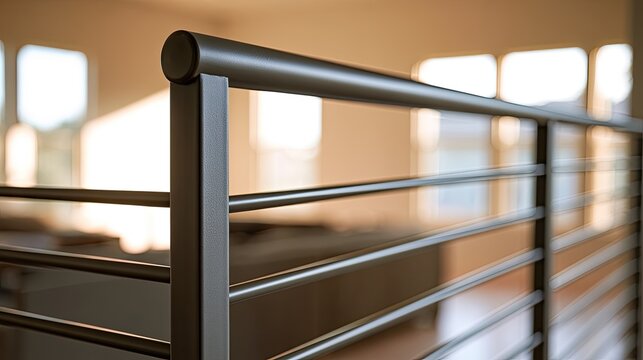 Modern metal railing with horizontal bars, blurred interior background