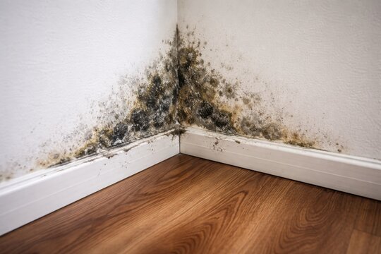 Black mold growing on damp wall corner with moisture damage and unhealthy indoor environment issue