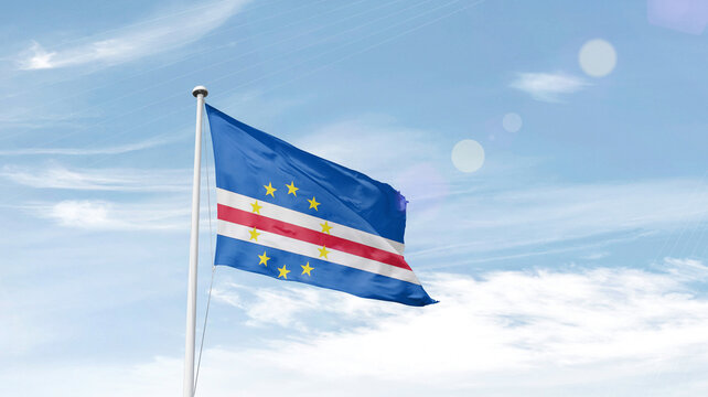 Cabo Verde national flag waving in sky.