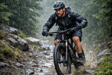 Fototapeta premium Mountain biker riding through rain on rugged forest trail with water splash and outdoor adventure