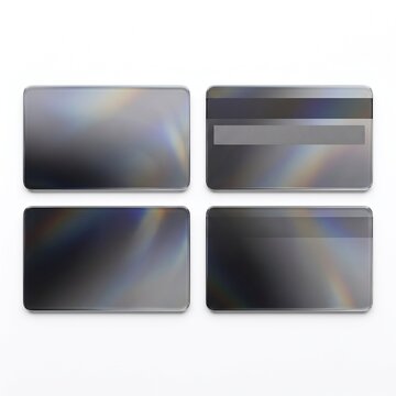Holographic credit card mockup set, blank iridescent plastic cards with magnetic stripe, silver metallic debit card templates