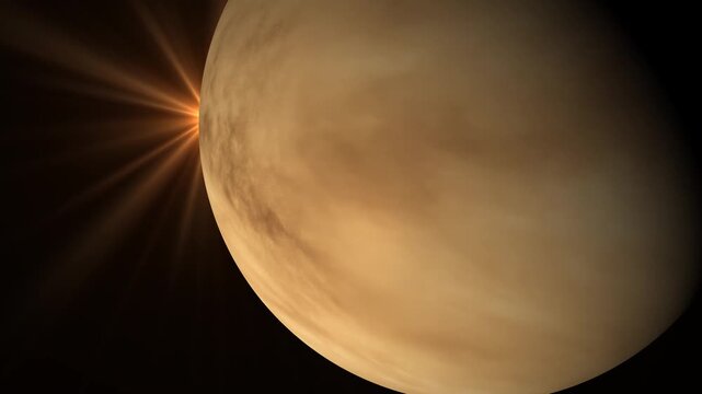 Venus planet atmosphere with sun flare, cinematic space view of golden cloud layer.