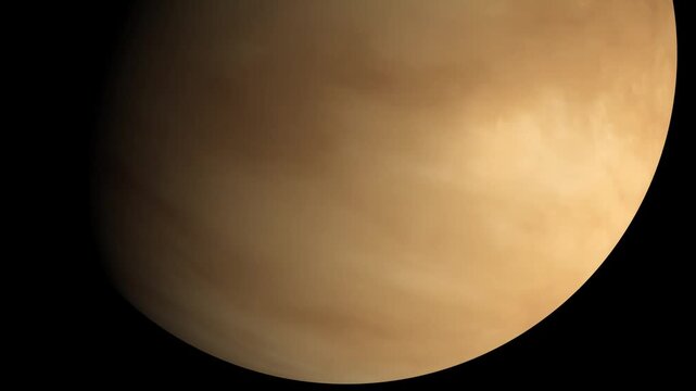 Planet Venus atmosphere view, close up of thick yellow clouds in deep space.