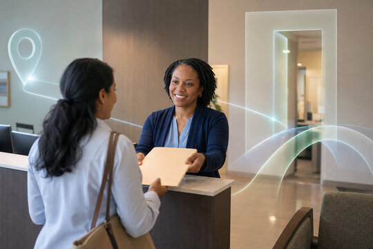Patient navigator welcomes woman at clinic desk