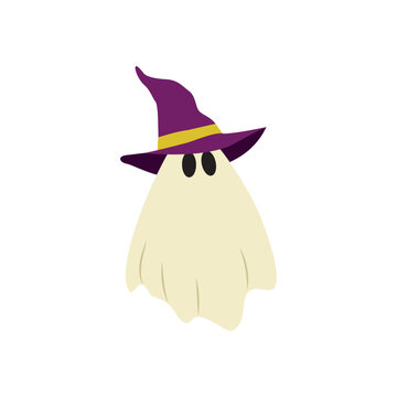 Cute Halloween Ghost with Purple Witch Hat Flat Vector Illustration.

