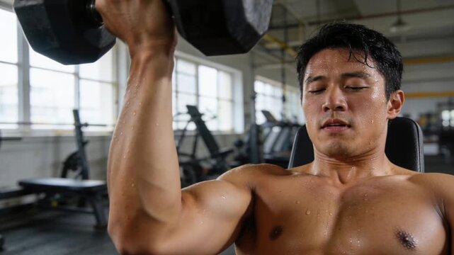 Lowering dumbbell to shoulder, shirtless Asian man pressing right on bench at gym