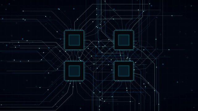 Abstract digital background featuring multiple computer processors with interconnected glowing circuit board data lines
