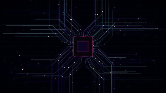 Abstract digital background featuring a repeating pattern of computer processor chips and data circuit lines