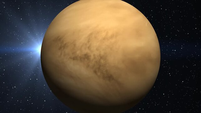Venus planet rotating in deep space with glowing sun flare and starry background