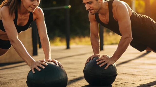 Doing stability push-ups on partner cue, partners lowering on medicine balls in park wearing black