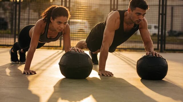 Starting set, two sports-clad partners doing sync med-ball push-ups on outdoor court for strength