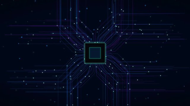 Abstract digital background featuring multiple computer processors with interconnected data circuits and glowing light nodes