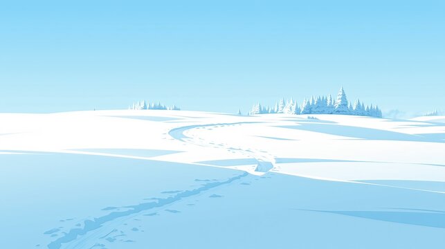 静かな冬の雪景色に広がる森へと続く足跡の道