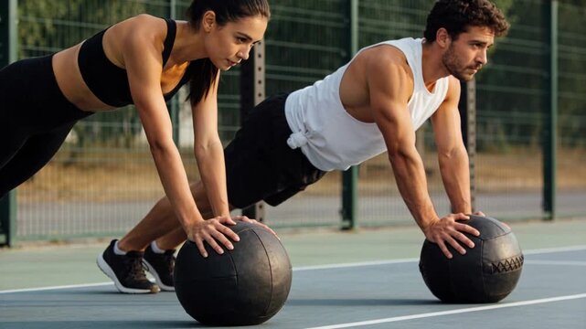 Starting pair doing push-ups in unison on outdoor court with two med balls, training in sportswear