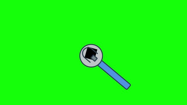 Flat vector illustration of a magnifying glass with a blue handle and gray lens highlighting a black square security icon, isolated on a solid chroma key green background.