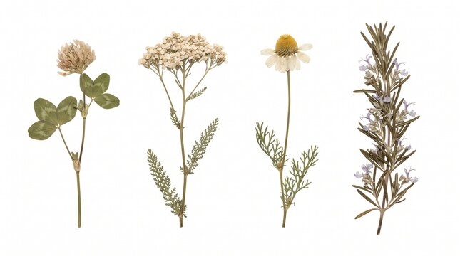 Dried herbarium specimens for botanical education, natural branding, herbal packaging, wellness campaigns, stationery and scientific editorial design. Isolated on White background.