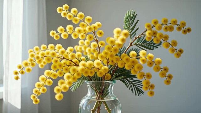Fluffy yellow mimosa branches in glass vase swaying gently, bright spring sunlight, white background