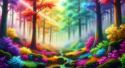 Obraz premium Luminous enchanted forest where trees and flora burst with a spectrum of rainbow colors, creating a surreal and magical woodland scene bathed in ethereal light