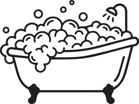 Vintage Clawfoot Bathtub Filled with Soap Bubbles for Spa and Hygiene Vector Line Art
