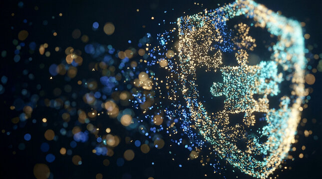 Abstract security shield formed by assembling golden and blue light particles in a dark digital space