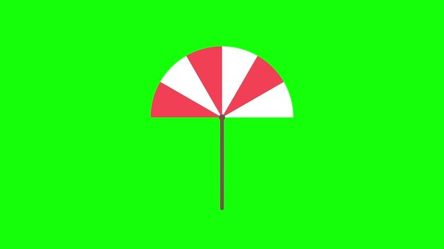 Minimalist illustration of a red and white striped beach umbrella with a brown pole and wind motion lines isolated on a bright green screen background for chroma key compositing.