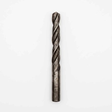 Heavy metal industrial drill bit showing signs of wear with textured surface isolated vertically against a bright white background studio