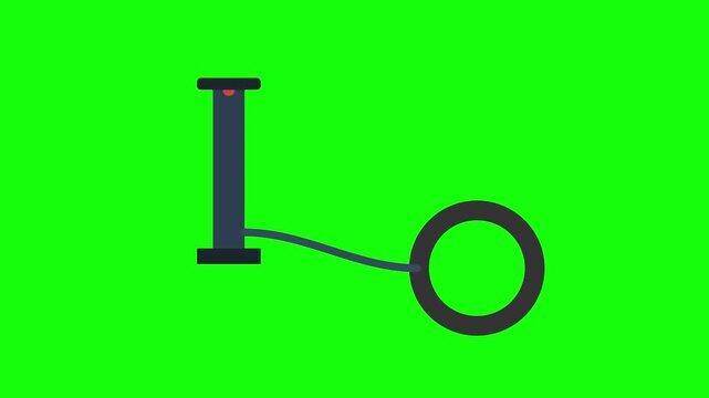 Minimalist 2D flat vector illustration of a manual hand air pump with a red handle connected by a dashed hose to a black tire ring isolated on a bright green background.
