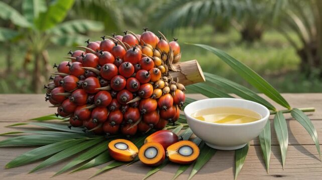 Fresh Palm Fruits With Palm Oil Bowl on Tropical Leaves Backdrop HD 4K