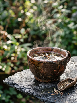 Hot Herbal Decoction Steaming In Clay Bowl Outdoors