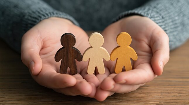 Diversity and inclusion concept with hands holding wooden figurines representing equality unity and community support