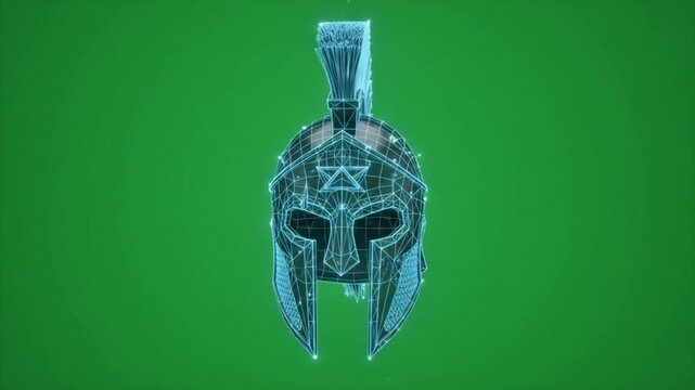 Futuristic Spartan Helmet Hologram Formed by Glowing Light Lines in 4K