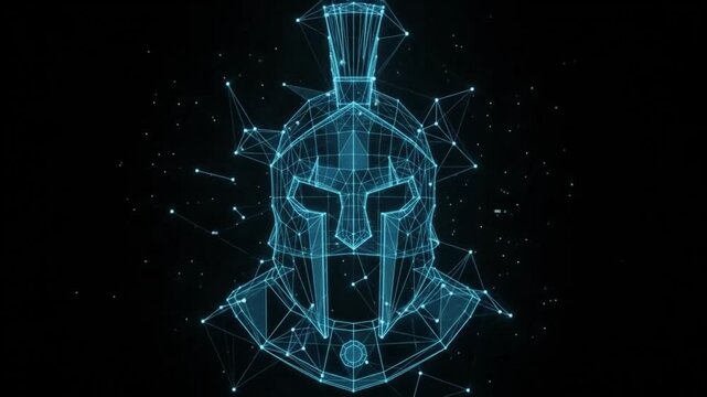 Futuristic Spartan Helmet Hologram Formed by Glowing Light Lines in 4K