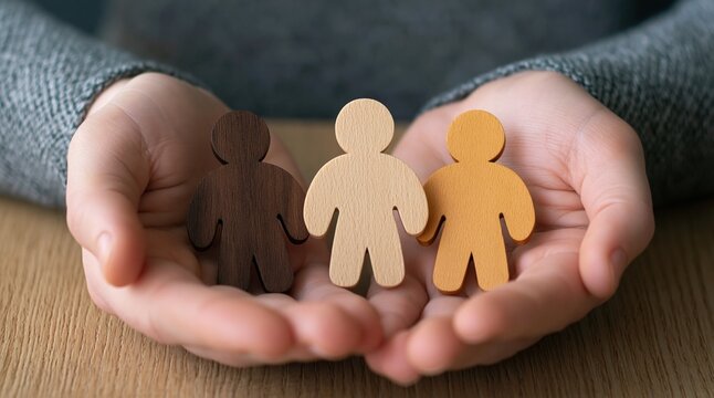 Diversity and equality shown by hands holding wooden figures representing unity inclusion and different cultures
