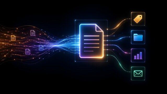 Dynamic glowing digital data stream feeding into a central document icon branching out to business tags folder graph and email visualizing high speed automated processing