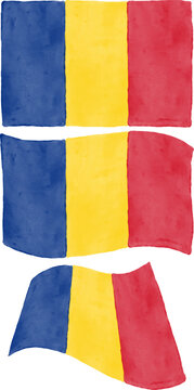 Hand drawn watercolor Romania tricolor flag set vector illustration isolated on white background. Handmade collection of straight, waving and dynamic banners.
