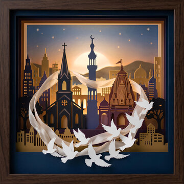 Interfaith Harmony Diverse Religious Buildings and Doves of Peace at Sunset
