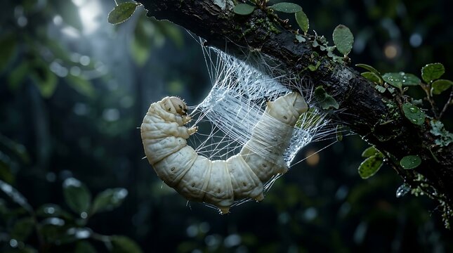 Silkworm spinning a cocoon on a green plant leaf