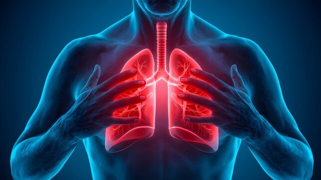 Senior man feeling chest pain and respiratory distress with glowing hologram of inflamed lungs.