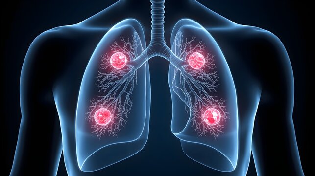 Human lungs with highlighted inflammation inside. Anatomy illustration of respiratory system disease. Medical diagnostic concept for pulmonology research, virus infection and chest health
